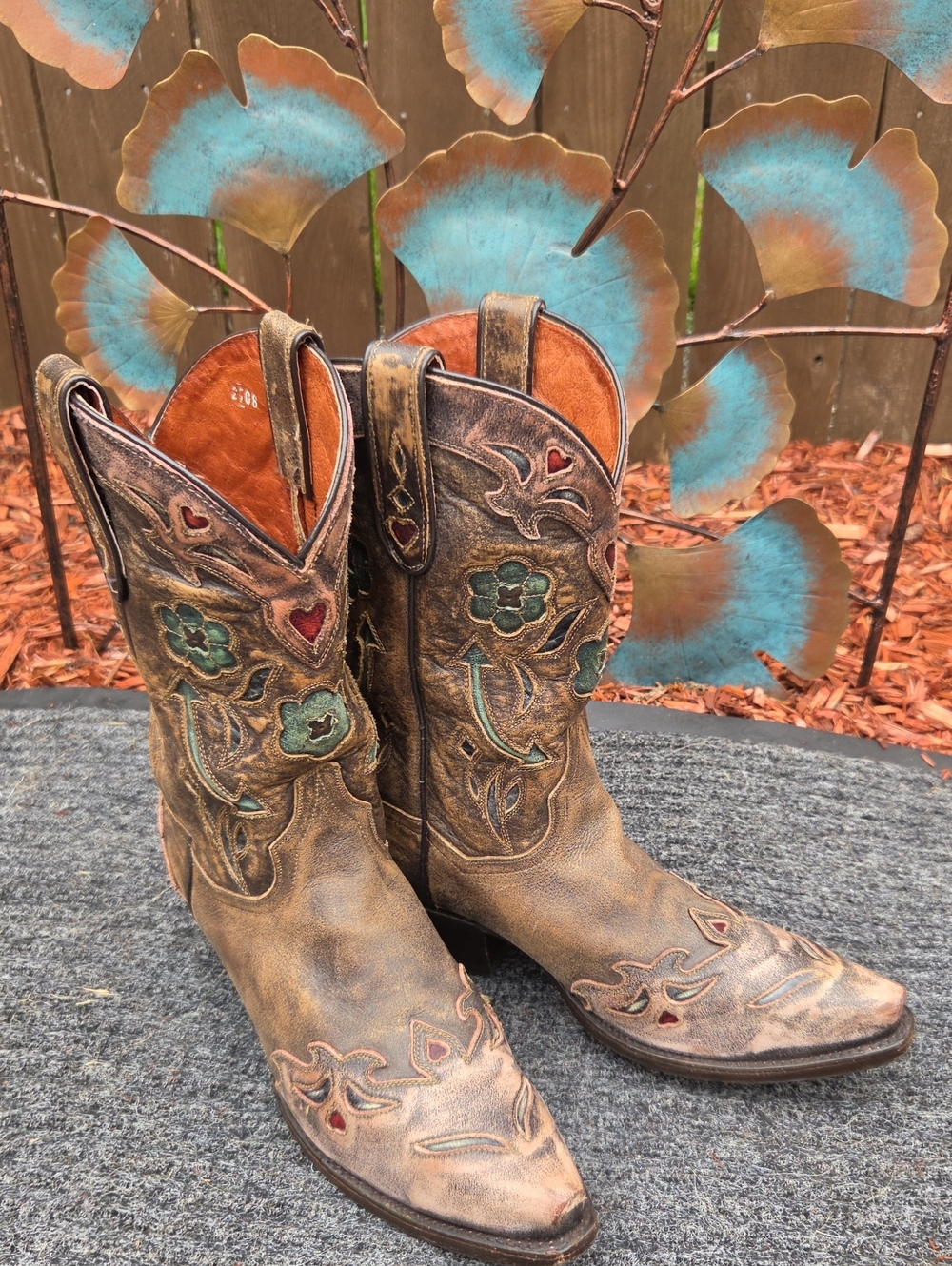 Dan Post Sanded Vintage Blue Arrow Leather Boots Floral Inlays Size 9